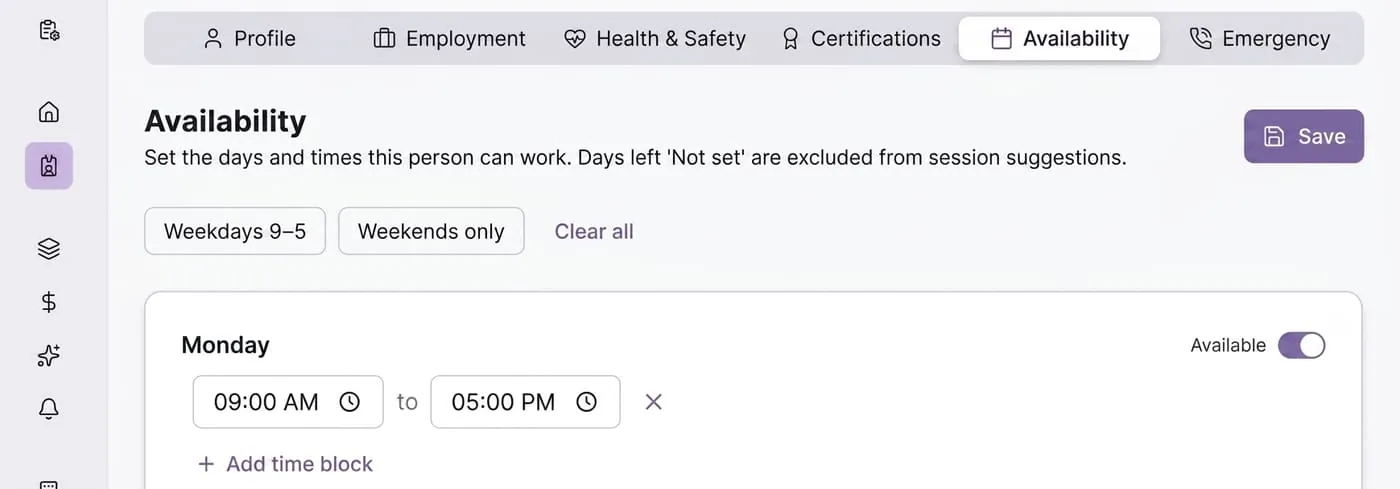 Staff availability and employment history